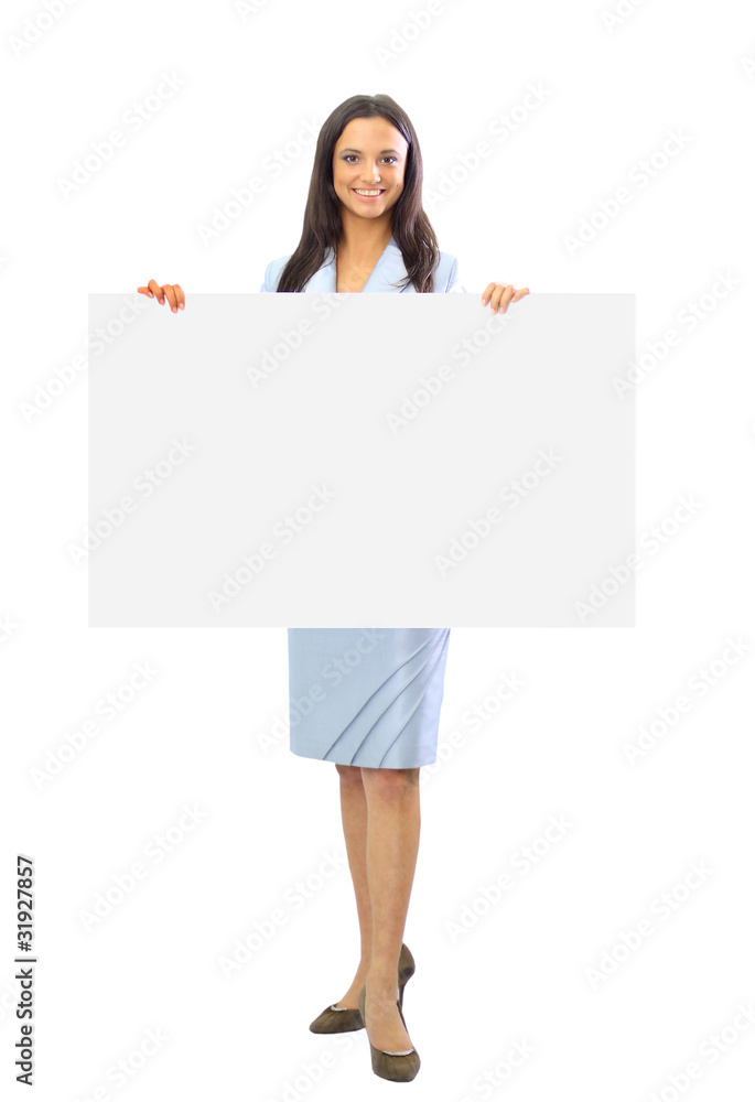 Cute Indian woman presents with a blank white board Cute Indian woman presents with a blank white board