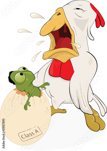 Hen, egg and a little worm. Cartoon