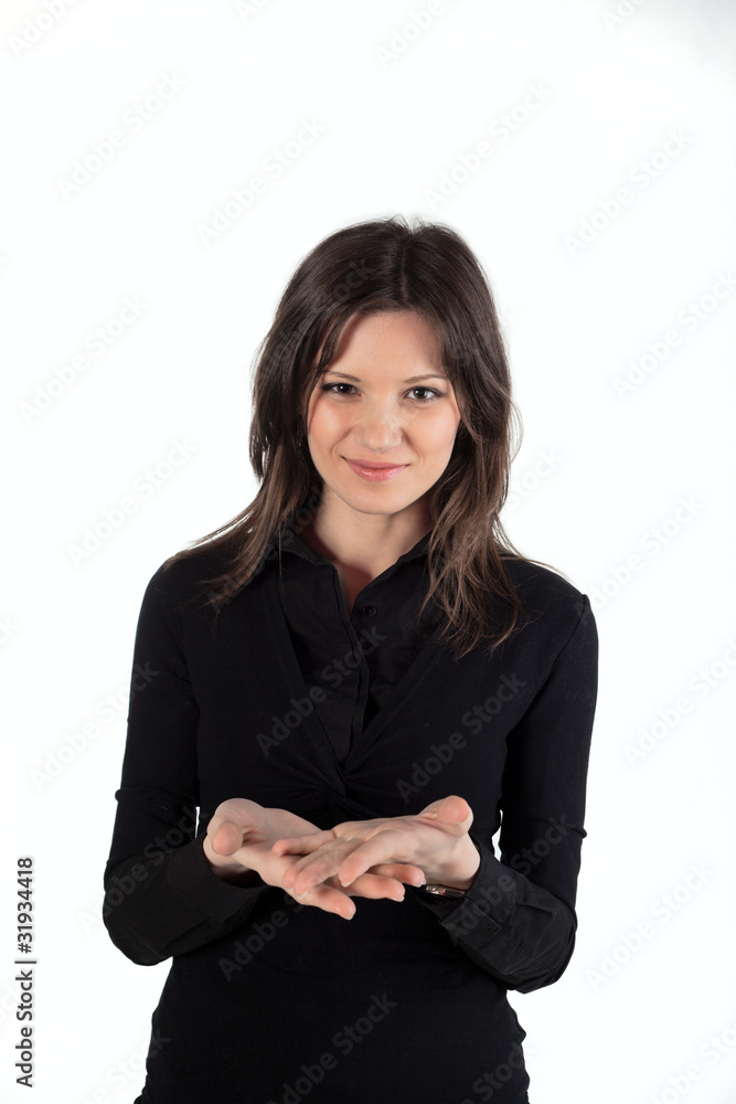 Young beautiful woman hold something in her hand Young beautiful woman hold something in her hand
