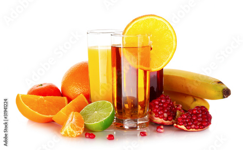 Fruits and glasses with juice isolated on white