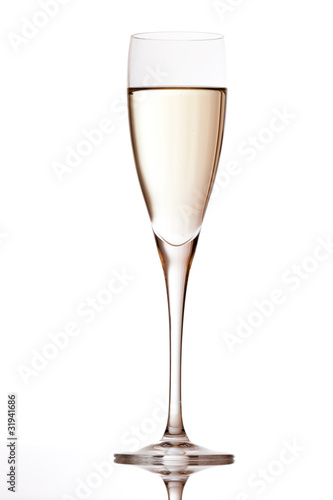 champagne flute with reflection isolated on white