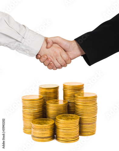 Handshake and gold coins