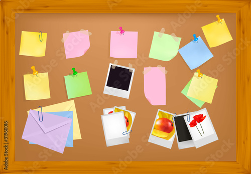 Cork notice board with office supplies. Vector.