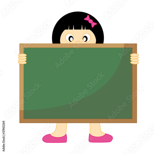 Vuelta al colegio. Niña con un pizarra