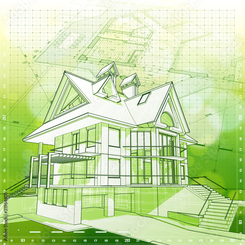 Ecology architecture design: house, plans & green bokeh backgrou