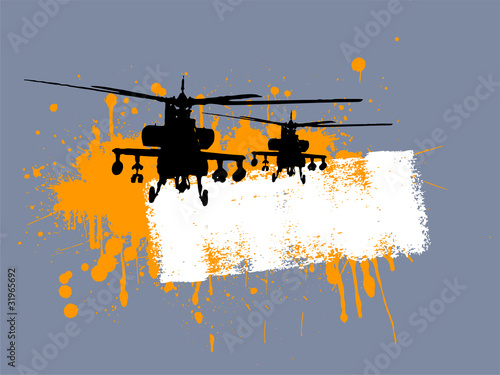 Grunge banner with military helicopter silhouette
