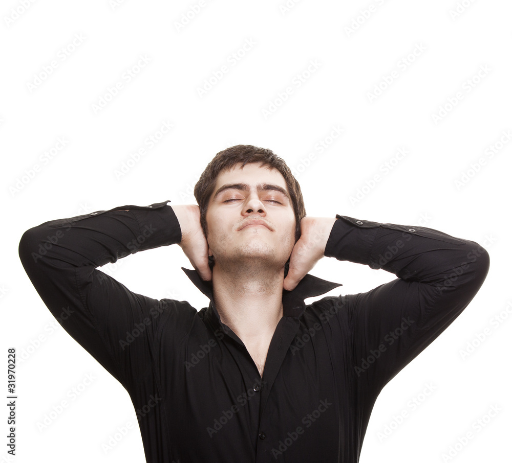pensive man with closed eyes on white background pensive man with closed eyes on white background