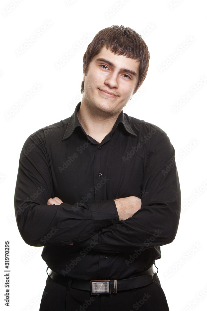 Young man in black shirt smiling isolated on white background Young man in black shirt smiling isolated on white background