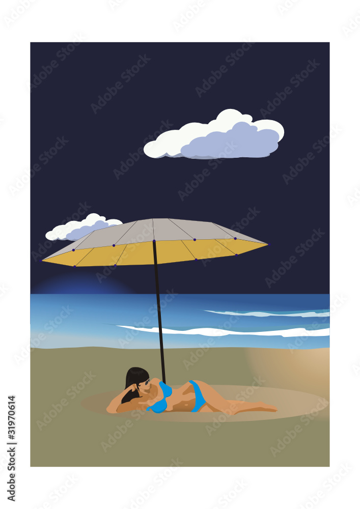 Woman on the beach under an umbrella