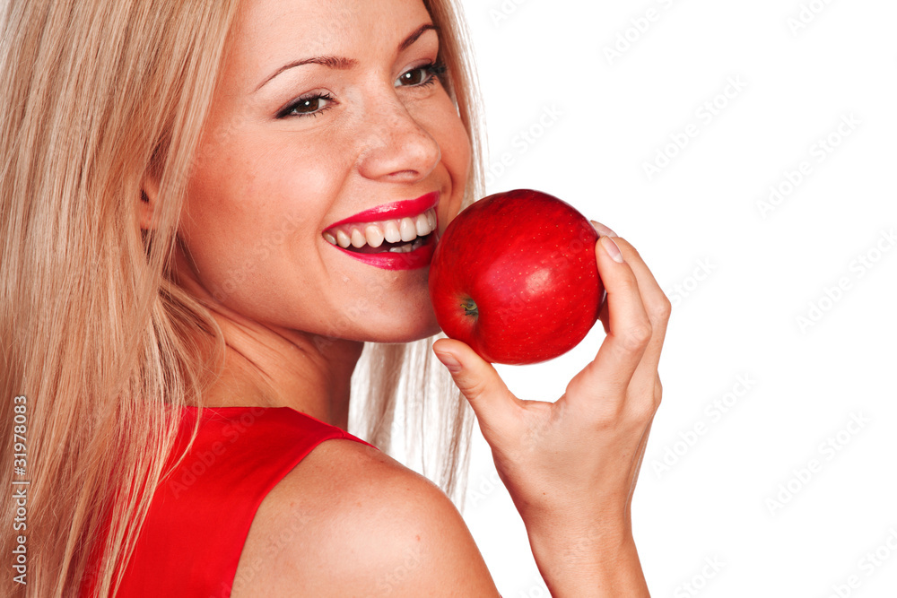 woman and red apple woman and red apple