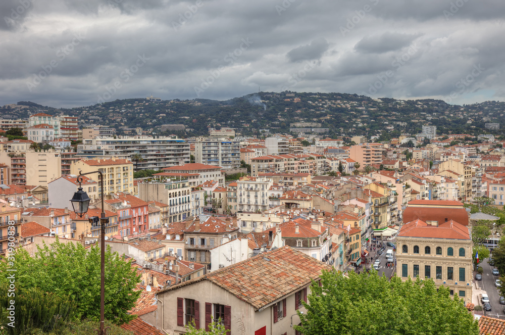 Cityscape of central Cannes during tungsten day before festival,