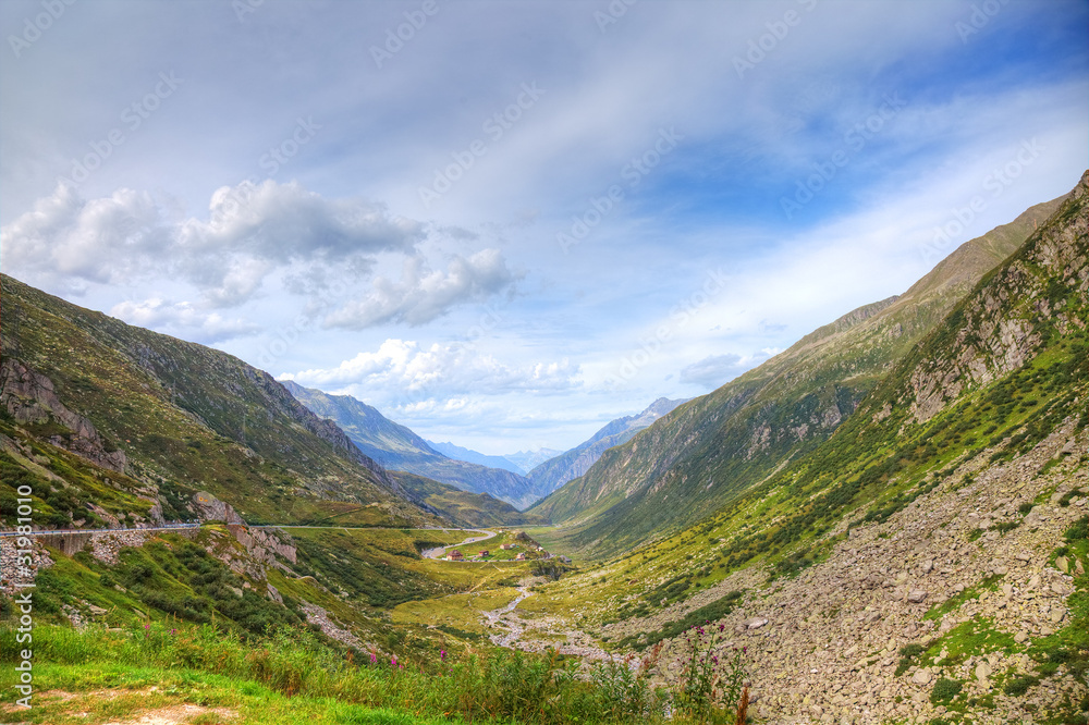 Panoramic view of alpine valley, Switzerland, Europe.