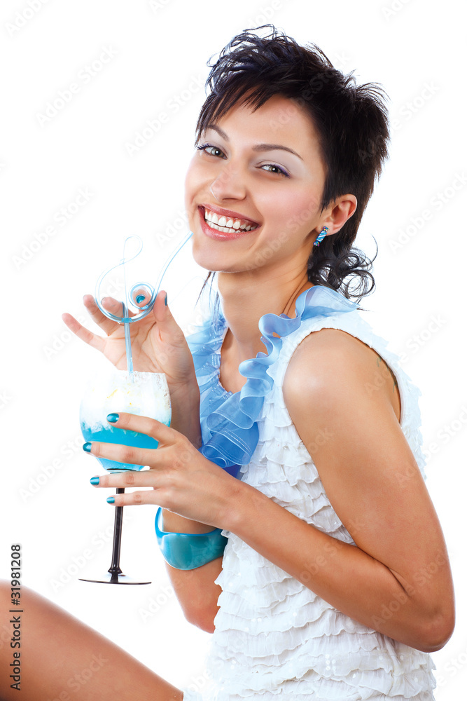 portrait of beautiful curly brunette girl with the glass of shak portrait of beautiful curly brunette girl with the glass of shak