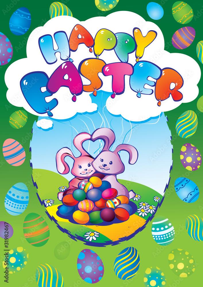 Fototapeta premium Greeting card. Two easter rabbits with eggs.