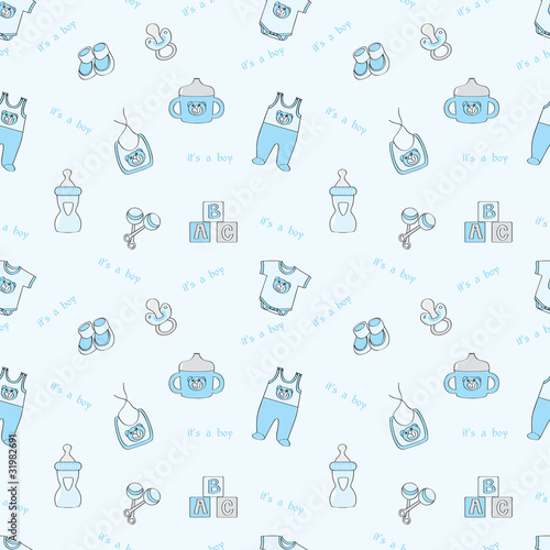 It's a boy: blue seamless background with baby elements