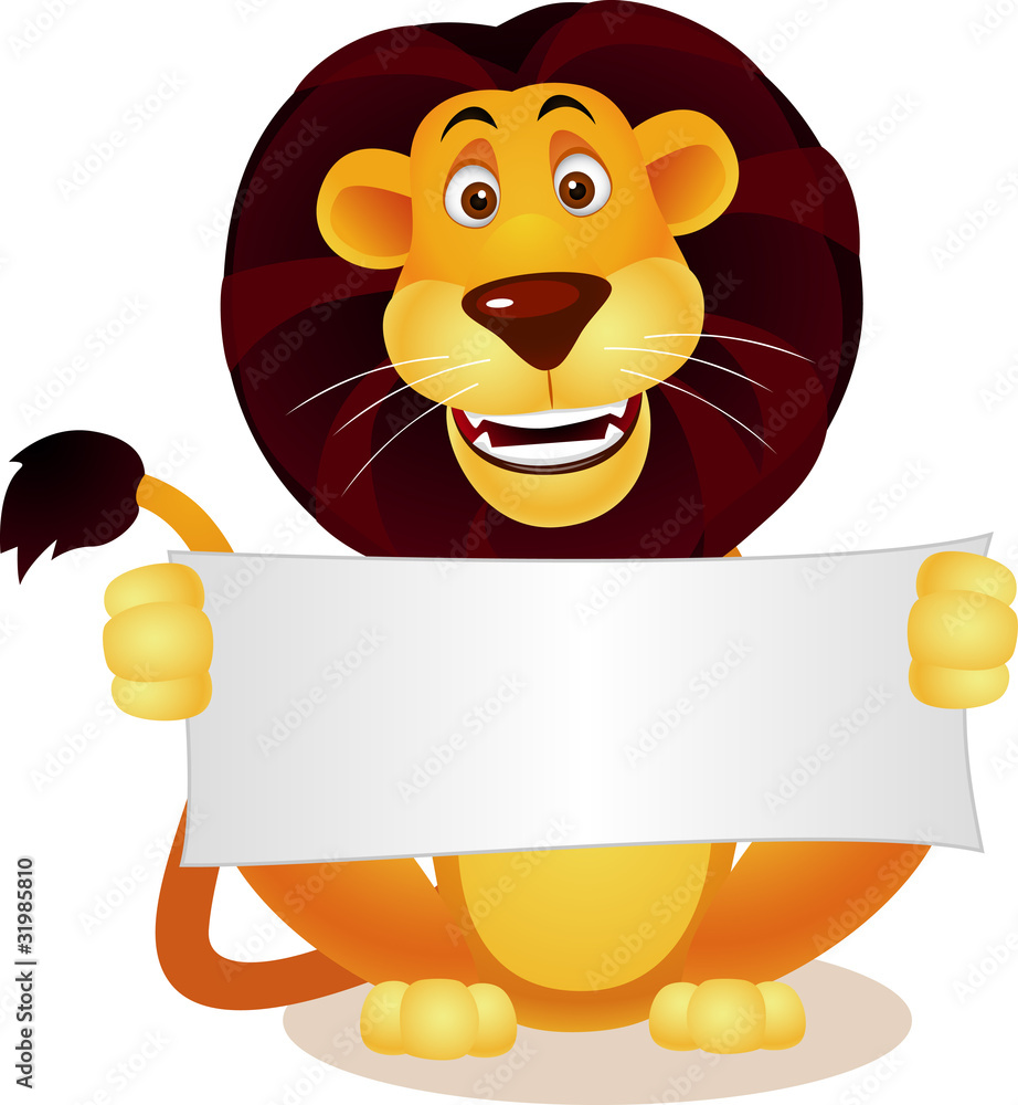 Naklejka premium Cute lion and blank sign