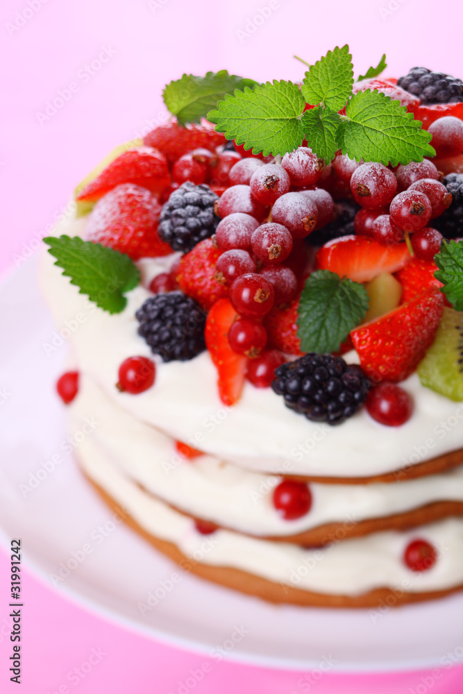 Summer cake with fresh berries and cream Summer cake with fresh berries and cream