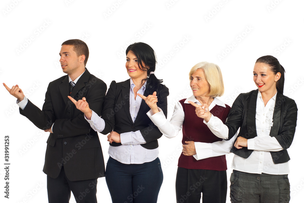 Four business people pointing in left part Four business people pointing in left part