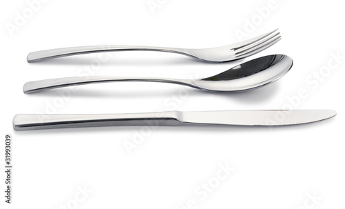 Horizontal cutlery on a white background