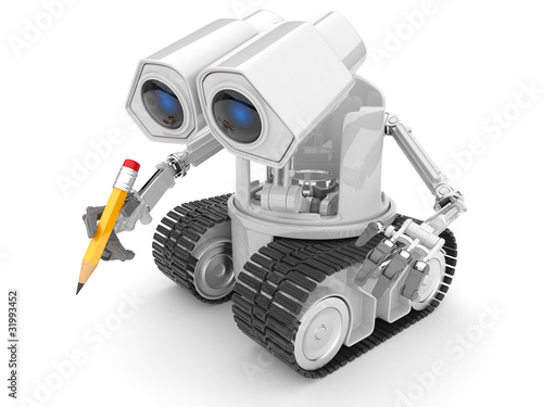 Robot hold a pencil in a hand. 3d person. illustration isolated