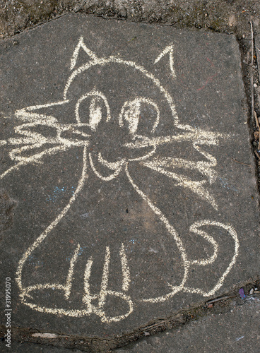 Painting of cat made written by chalk on asphalt