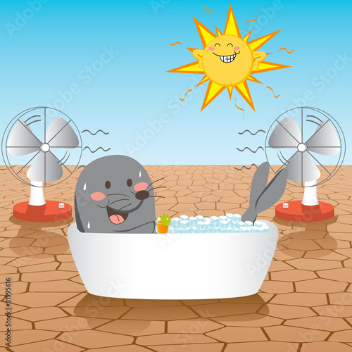 Seal fighting global warming with drink and ice cubes