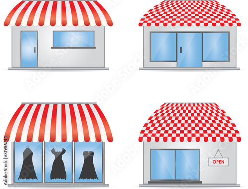 Cute shop icons with red awnings
