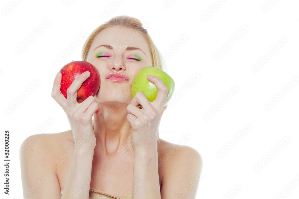 woman with green and red apple isolated on white woman with green and red apple isolated on white