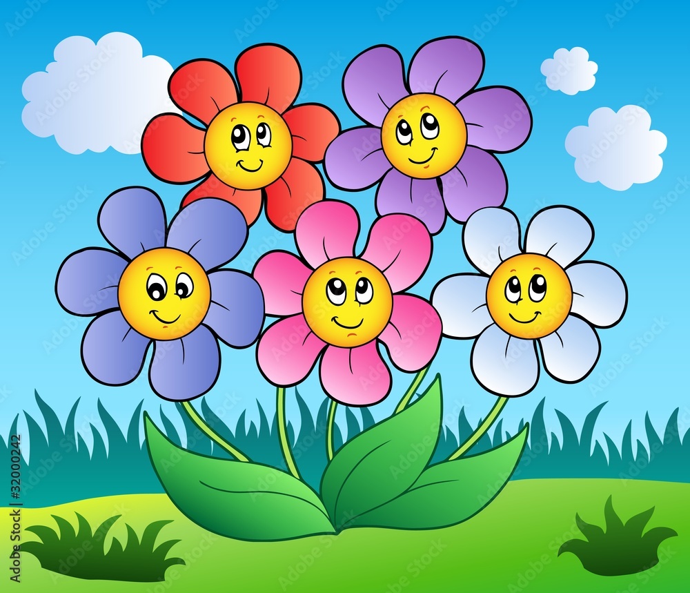 Five cartoon flowers on meadow Five cartoon flowers on meadow