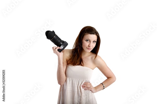 woman with single-lens reflex camera (white background)