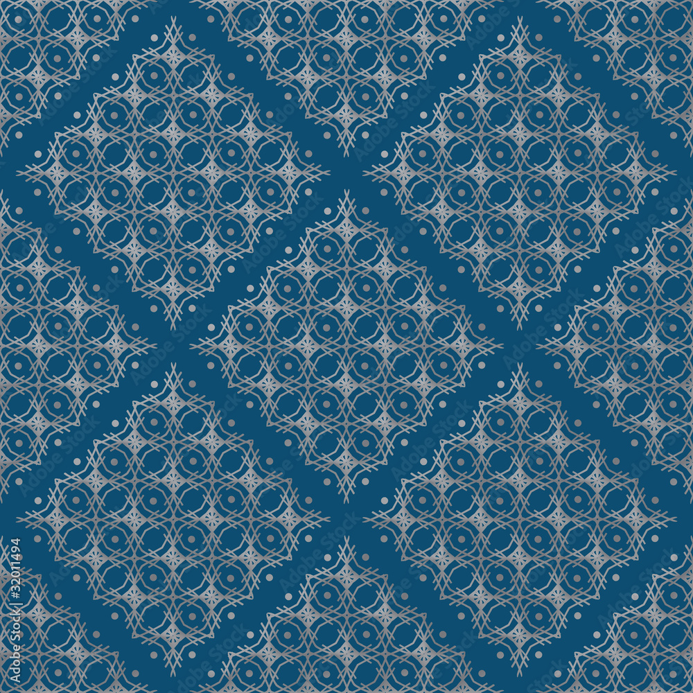 Silver and Prussian Blue Damask Seamless Pattern