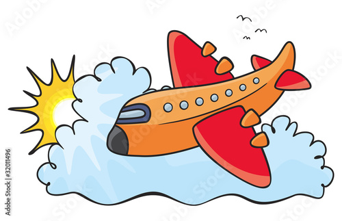 Illustration of colorful aeroplane over clouds