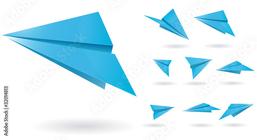 blue paper planes isolated on white background