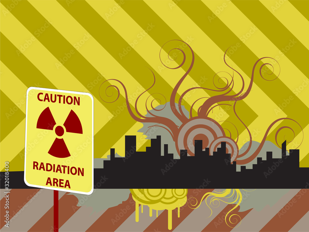 Nuclear warning sign in front of abstract city