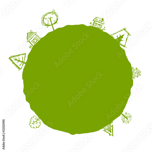 Green frame with houses and trees for your design