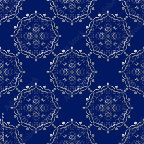 Silver and Prussian Blue Round Damask Seamless Pattern