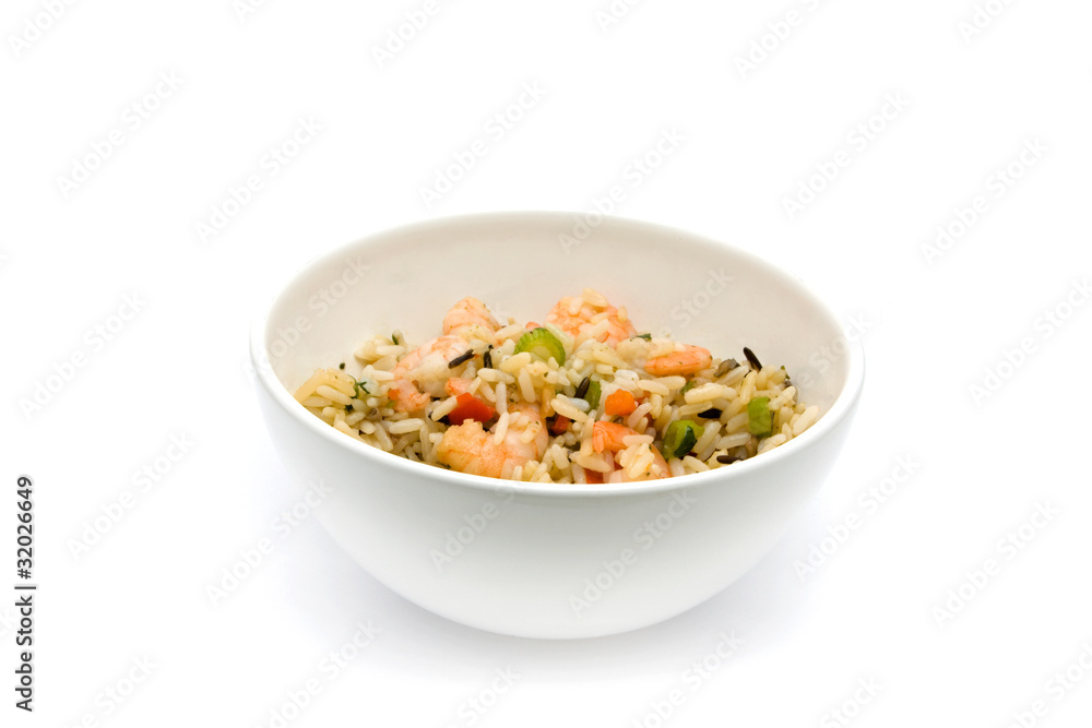 Thai prawn and rice dish over white Thai prawn and rice dish over white