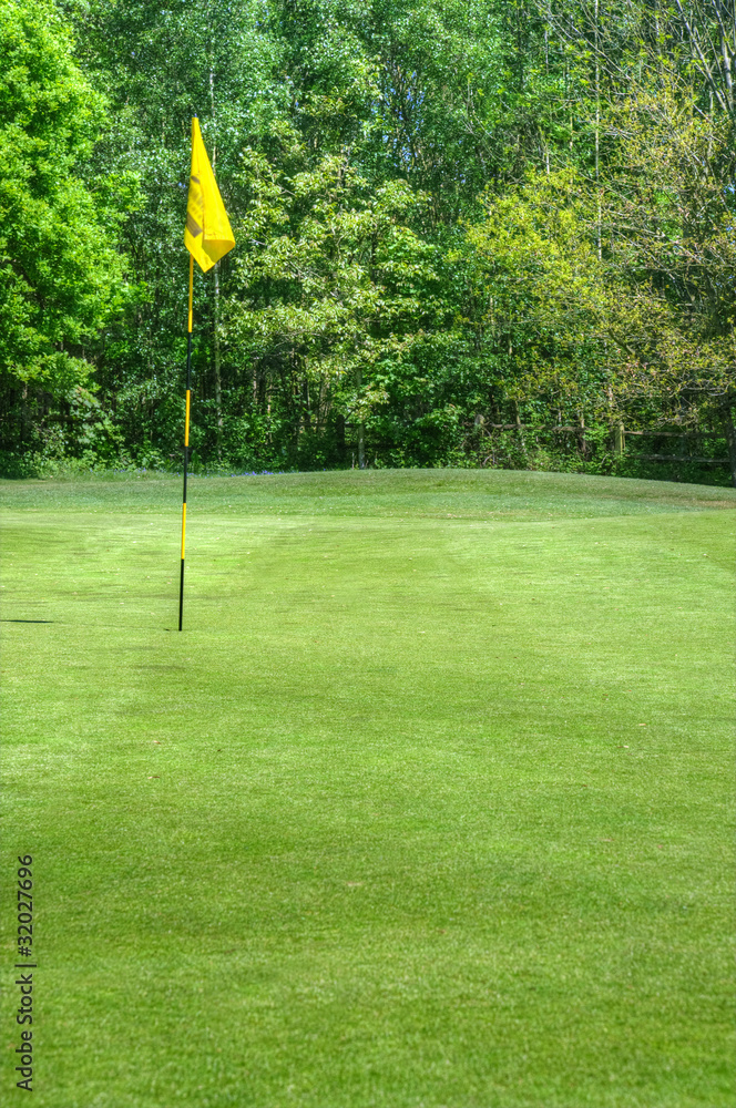 Obraz premium Vibrant image of golf course with flag and fairway in sun