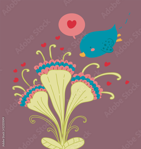 Carta da parati magnolia - Carta da parati uccellino e mazzolino di fiori