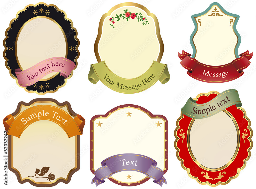 Set or six isolated labels with ribbons on white Set or six isolated labels with ribbons on white