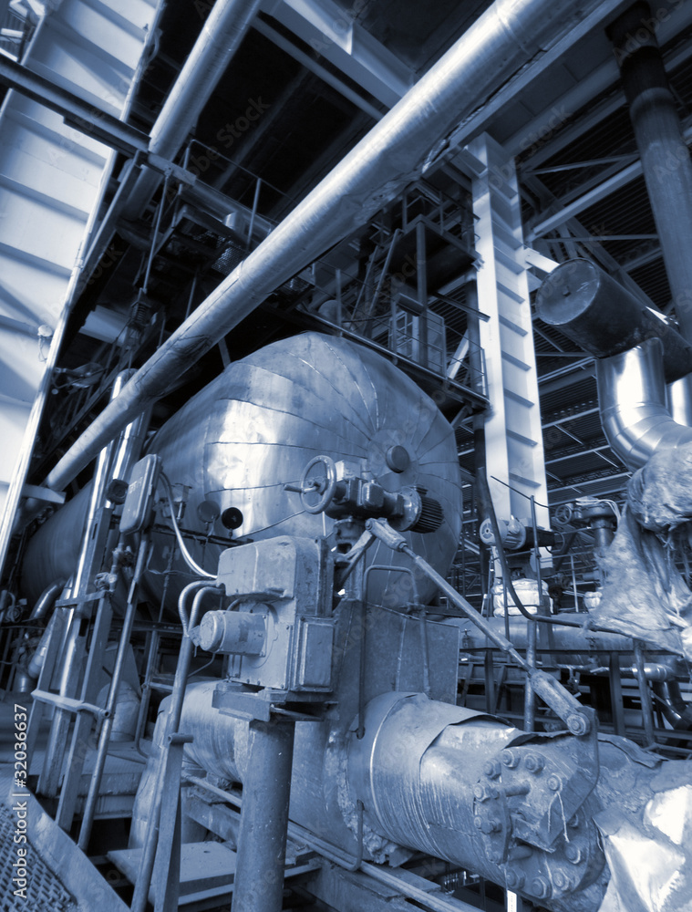Industrial zone, Steel pipelines in blue tones Industrial zone, Steel pipelines in blue tones