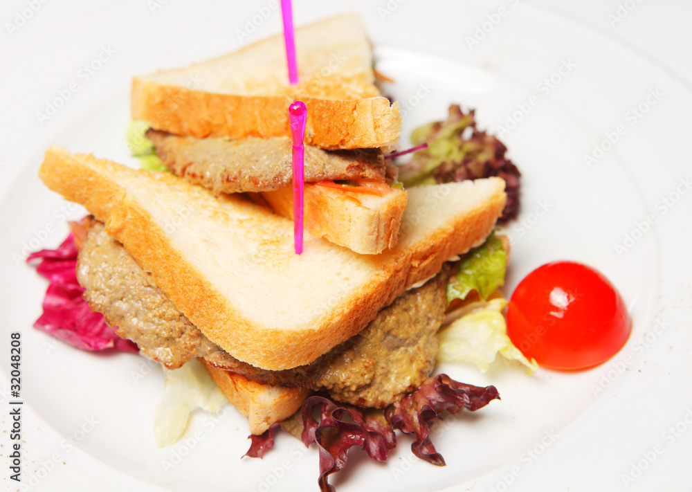 Sandwich with beef on a white plate