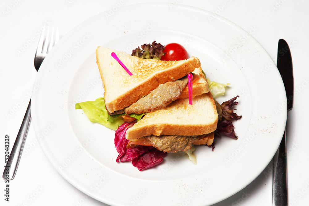 Sandwich with beef on a white plate Sandwich with beef on a white plate