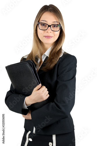 Beautiful Young Business Woman, elegant dressed, handling a Fold