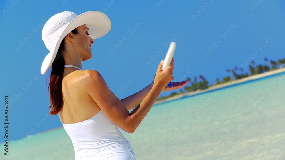 Attractive Female Applying Sun Cream Protection Attractive Female Applying Sun Cream Protection