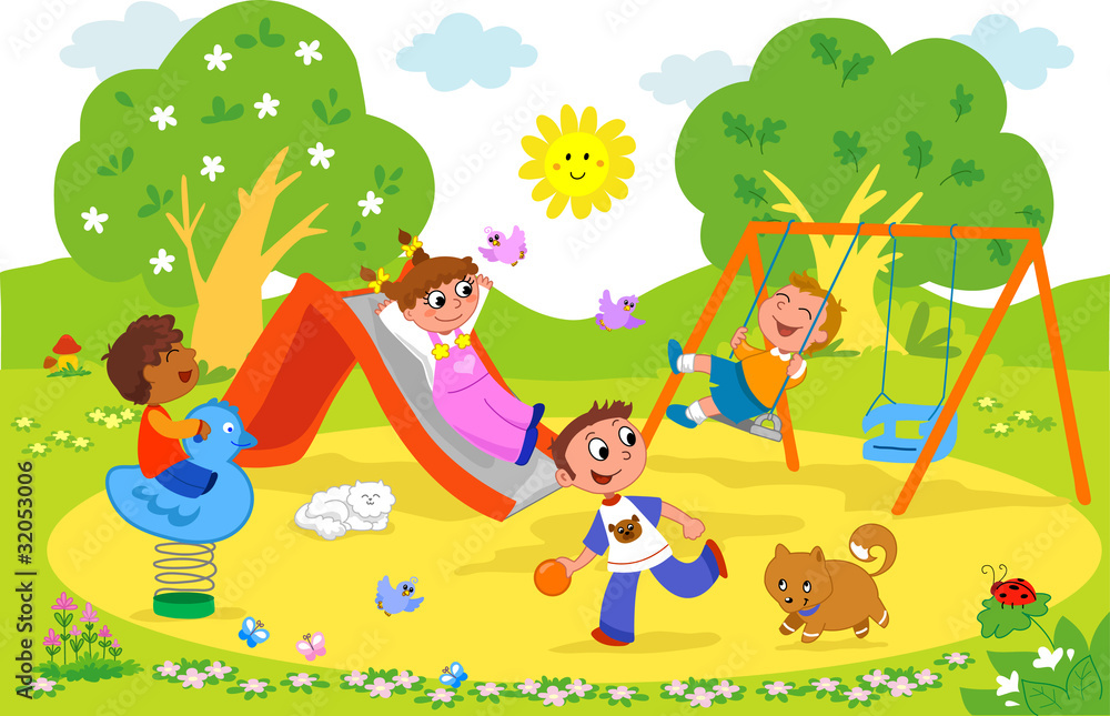 Bambini felici che giocano al parco giochi Stock Illustration | Adobe Stock