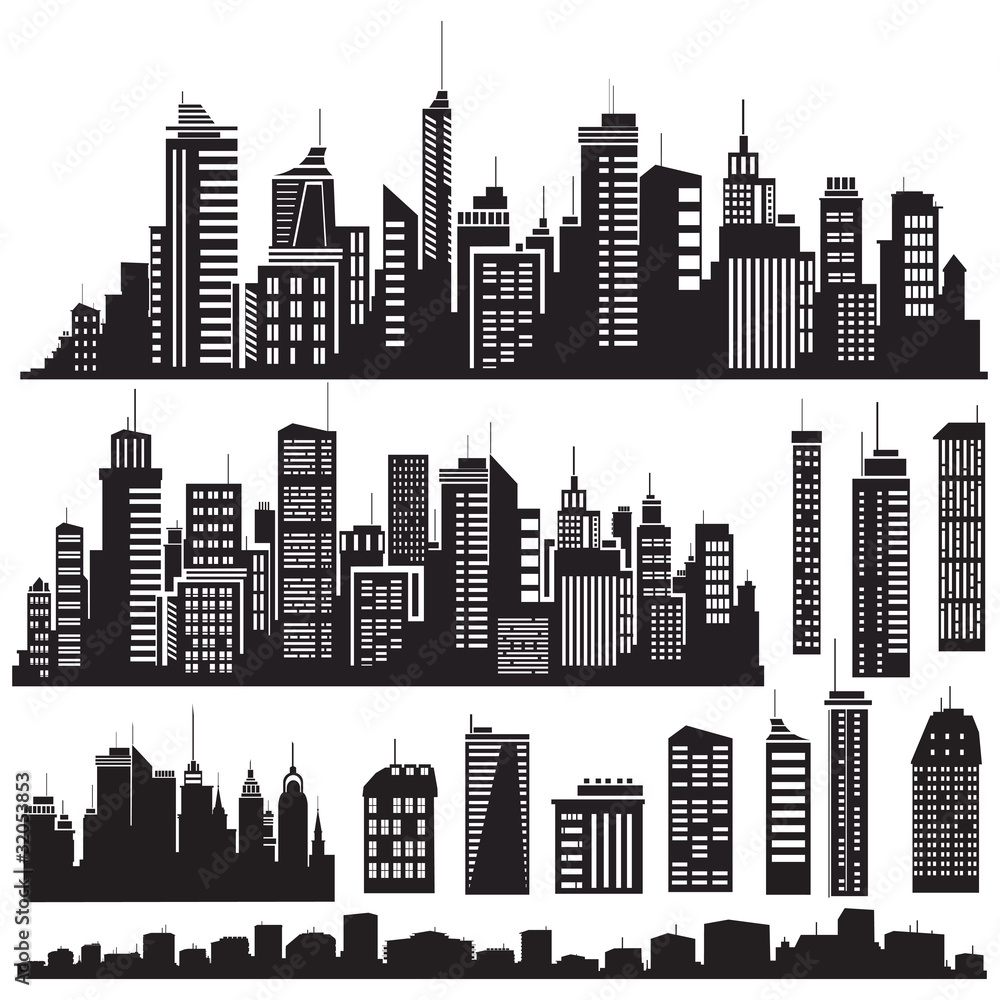 Set of vector cities silhouette and elements for design.