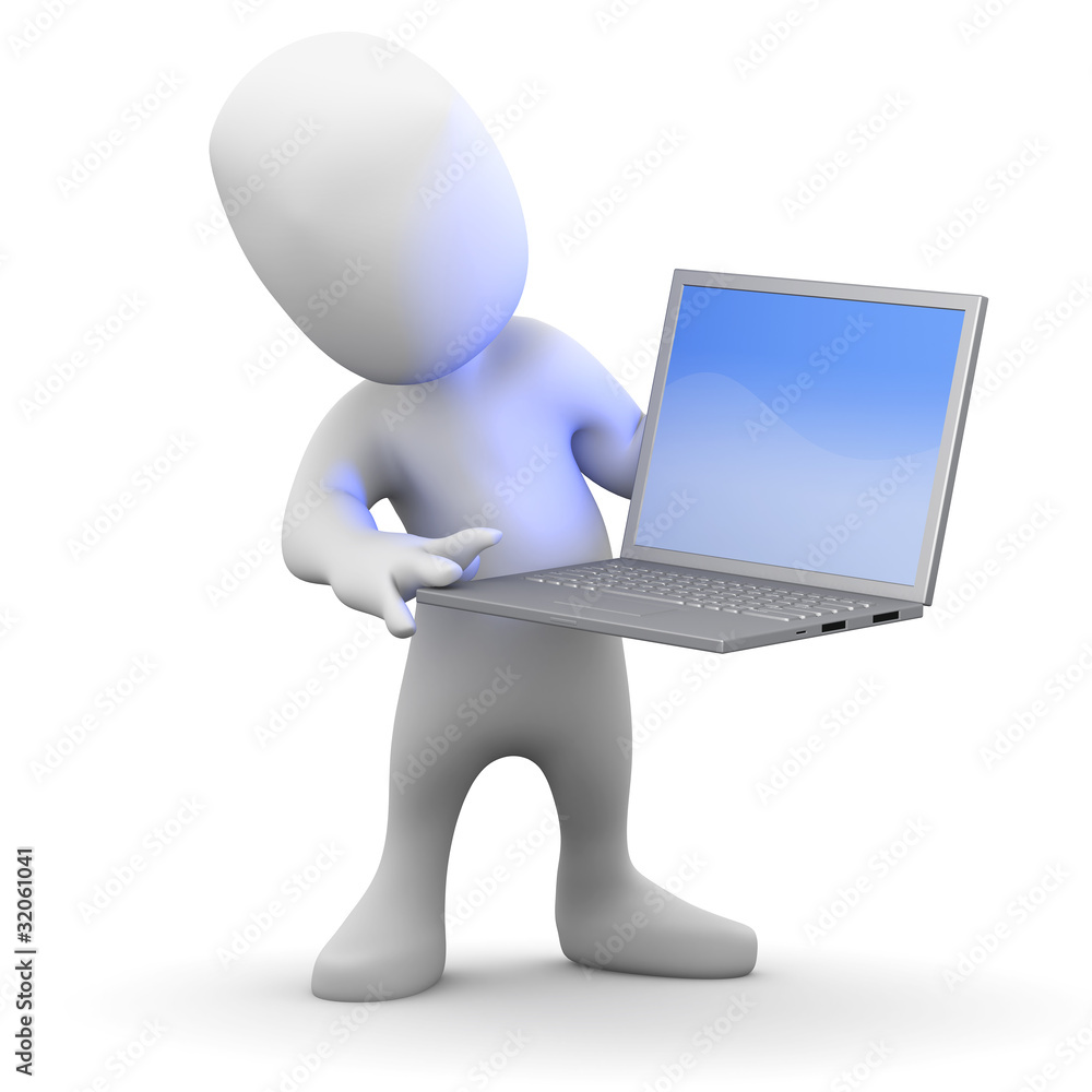 3d Little man holds a laptop 3d Little man holds a laptop
