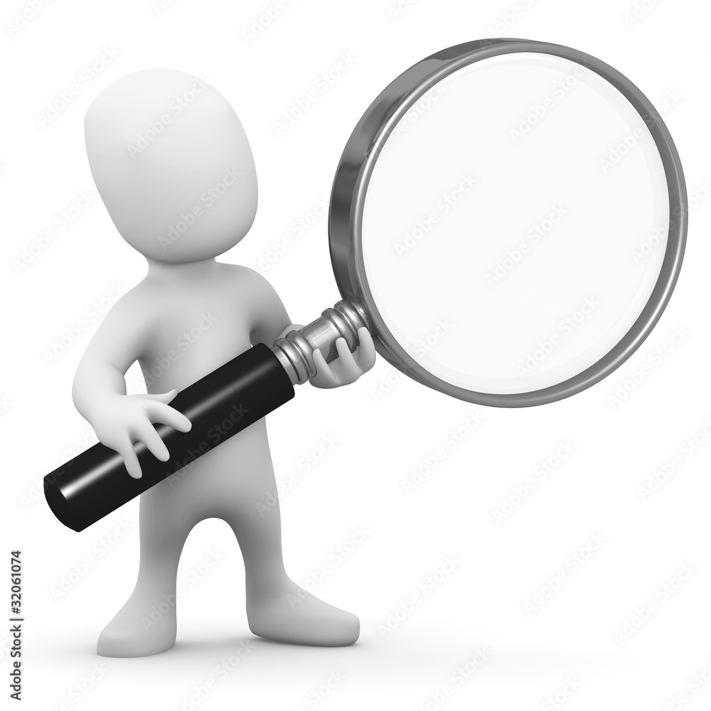 3d Little man looks through a magnifying glass 3d Little man looks through a magnifying glass