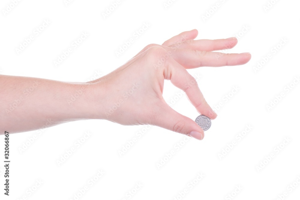 Polish Zloty coin in female hand isolated
